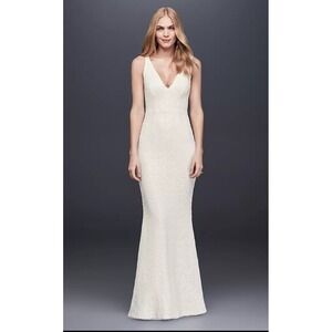David Bridal DB STUDIO Allover Sequin‎ V-Neck Fitted Sheath Wedding Dress Gown 4